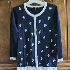 NWT Navy Cardigan with White Palm Tree Pattern